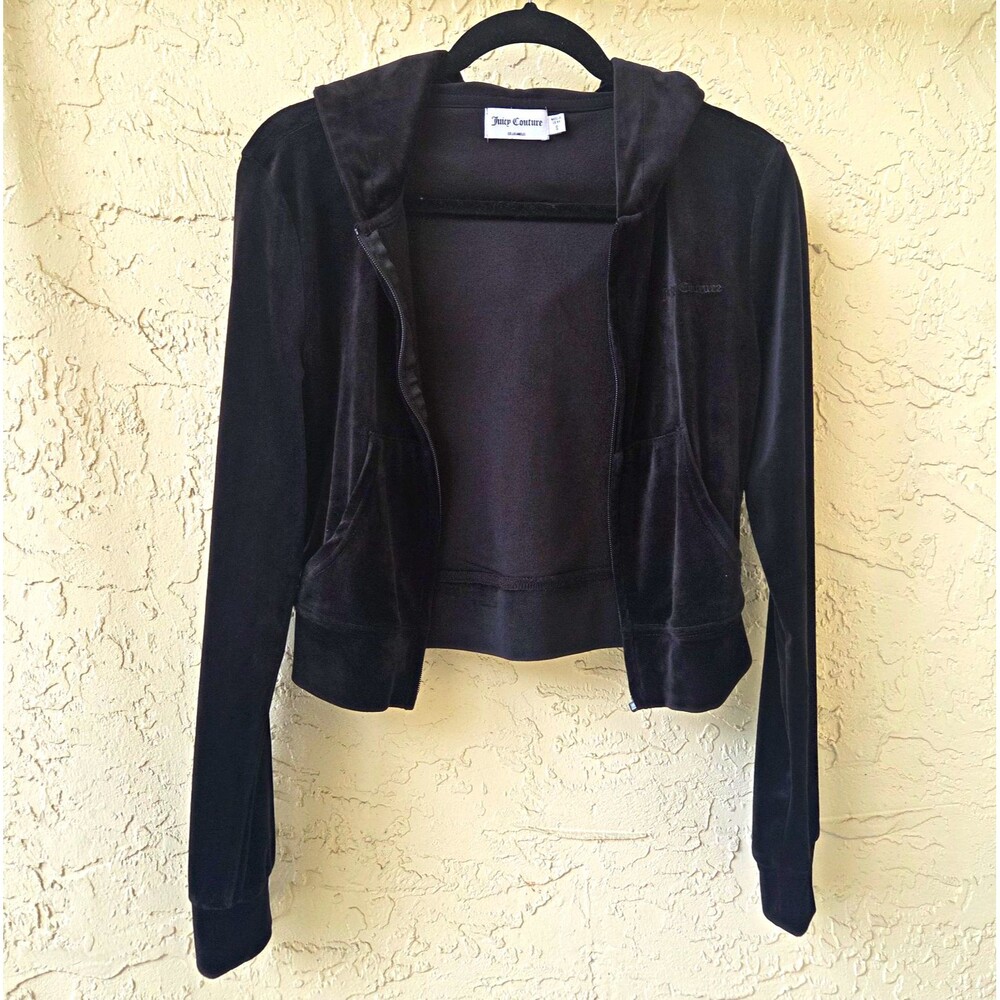 Juicy Couture Black Velour Hoodie SMALL Embroidered Pockets Cozy 90s Y2K *NO ZIP